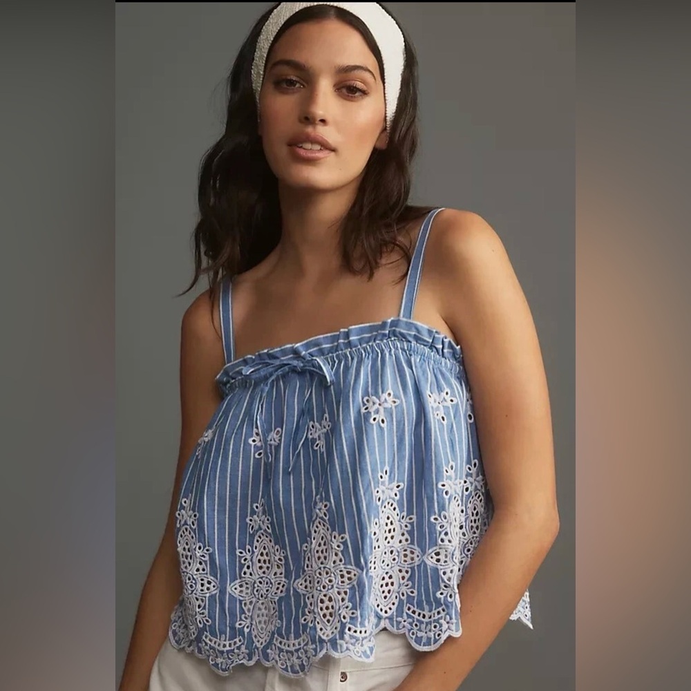 Maeve Blue and White Striped Eyelet Camisole